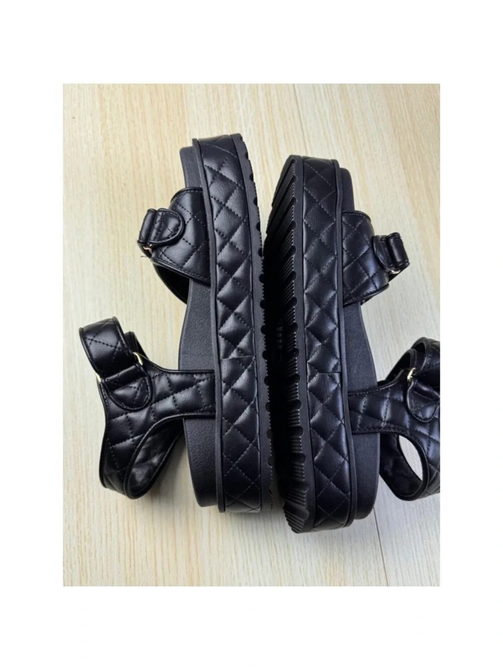 NWOT Black Quilted Chunky Platform Sport Sandals Gold Hardware